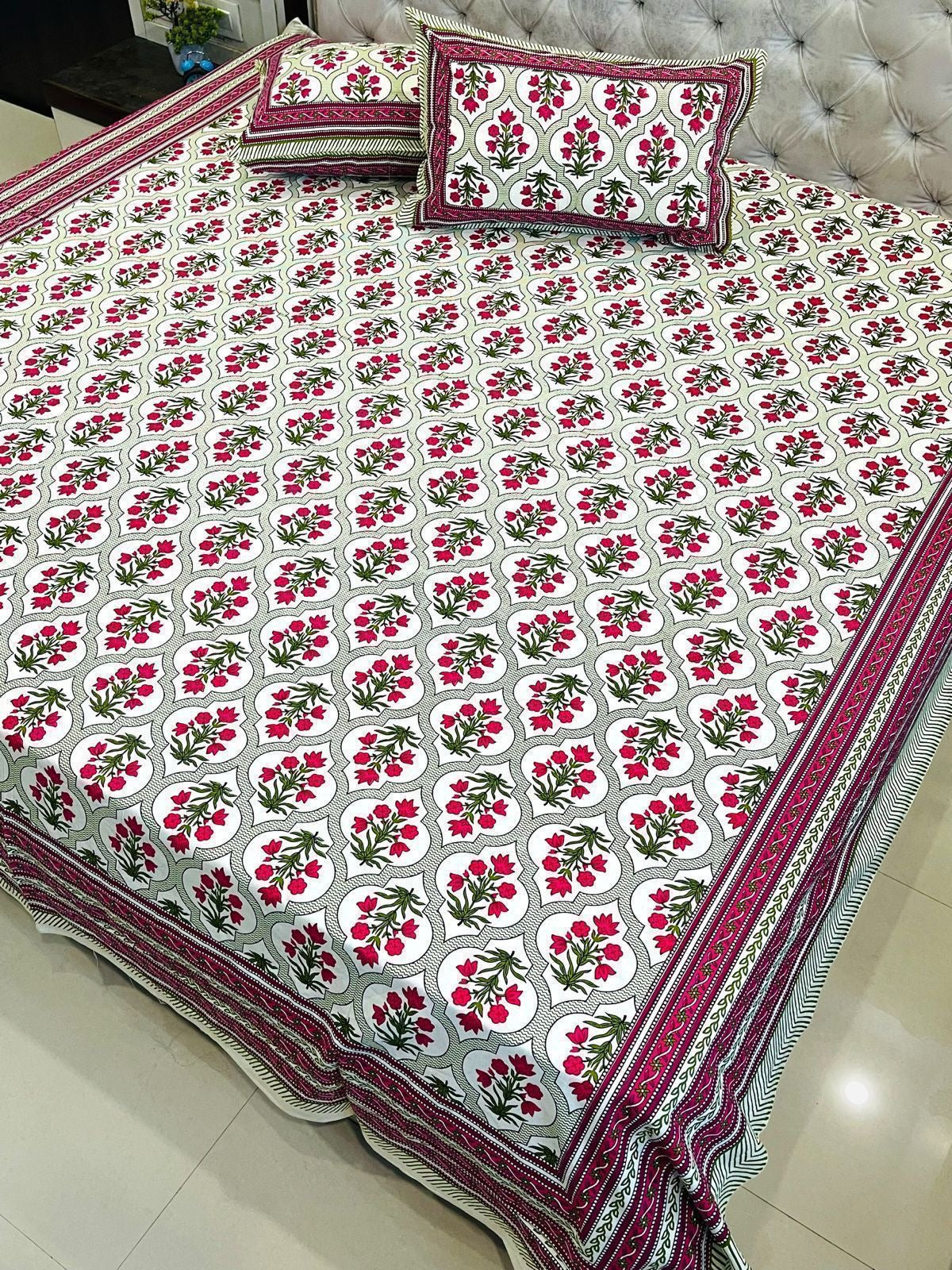 Premium Jaipuri printed King size bedsheets with 2 zipped pillow covers